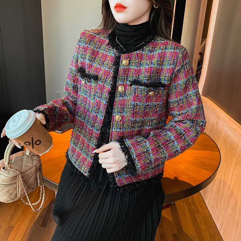 Weave chanelstyle mixed colors coat plaid France style tops