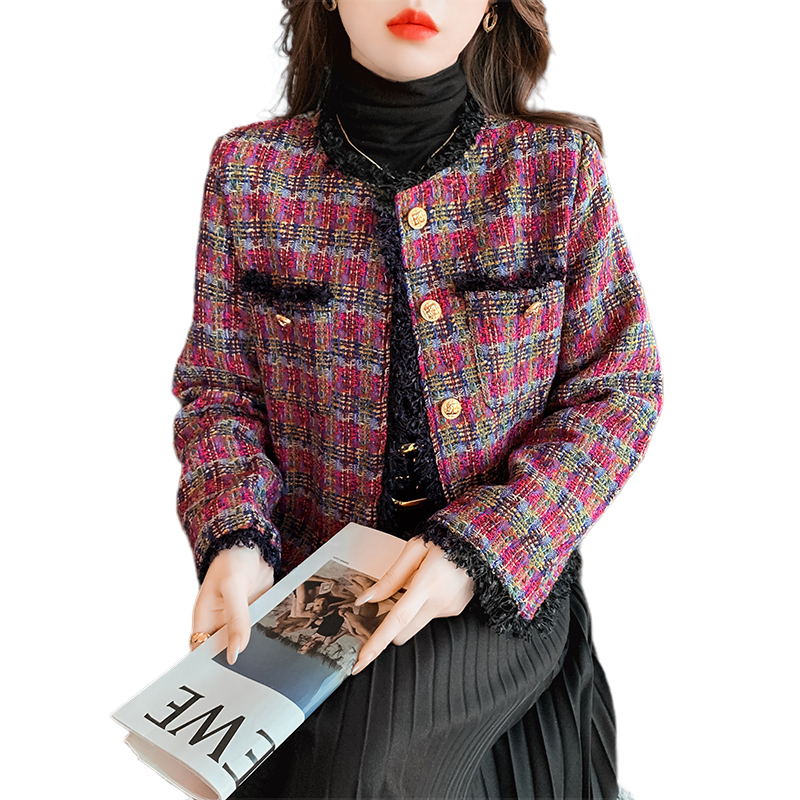 Weave chanelstyle mixed colors coat plaid France style tops