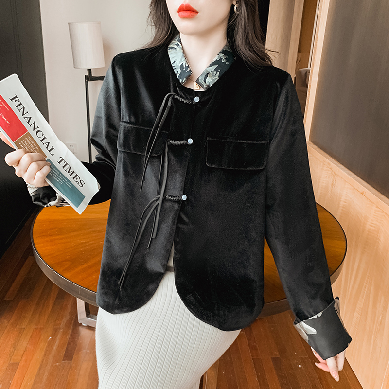Chinese style black tops velvet niche coat for women