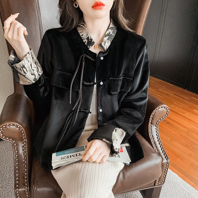 Chinese style black tops velvet niche coat for women