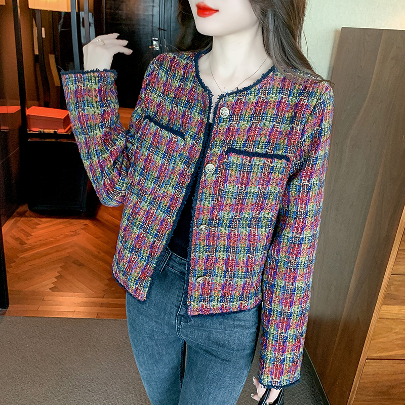 Weave mixed colors tops plaid temperament coat for women
