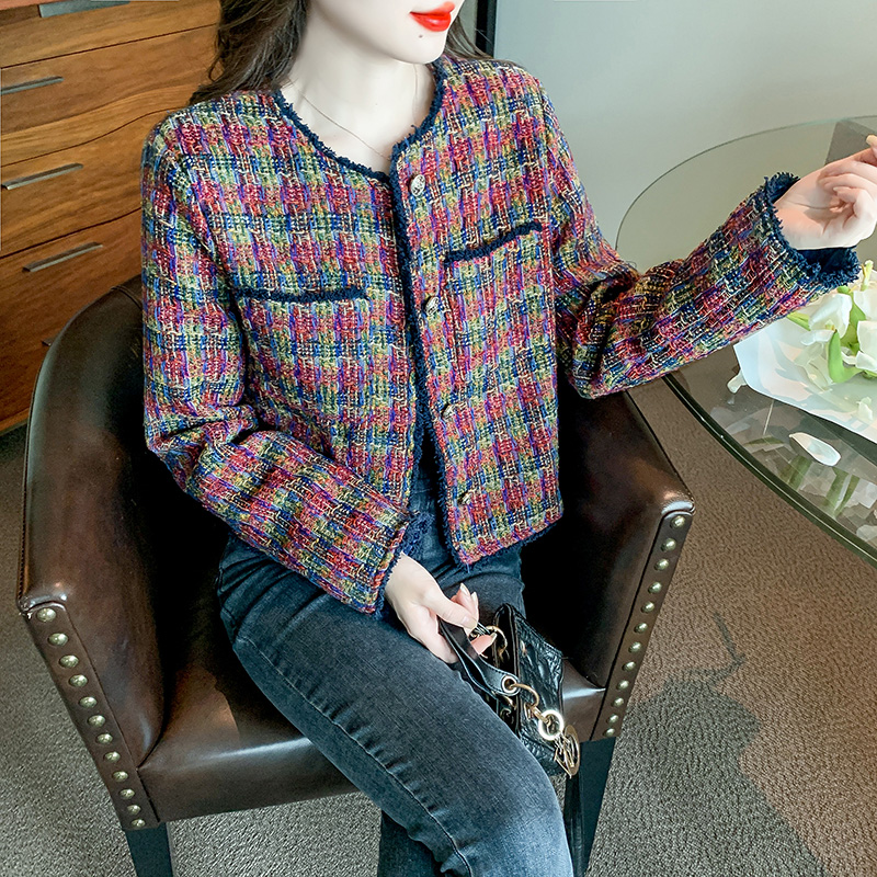 Weave mixed colors tops plaid temperament coat for women
