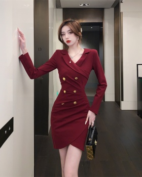 Lapel double-breasted decoration autumn dress