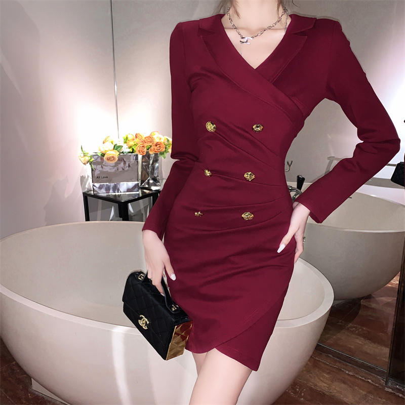 Lapel double-breasted decoration autumn dress