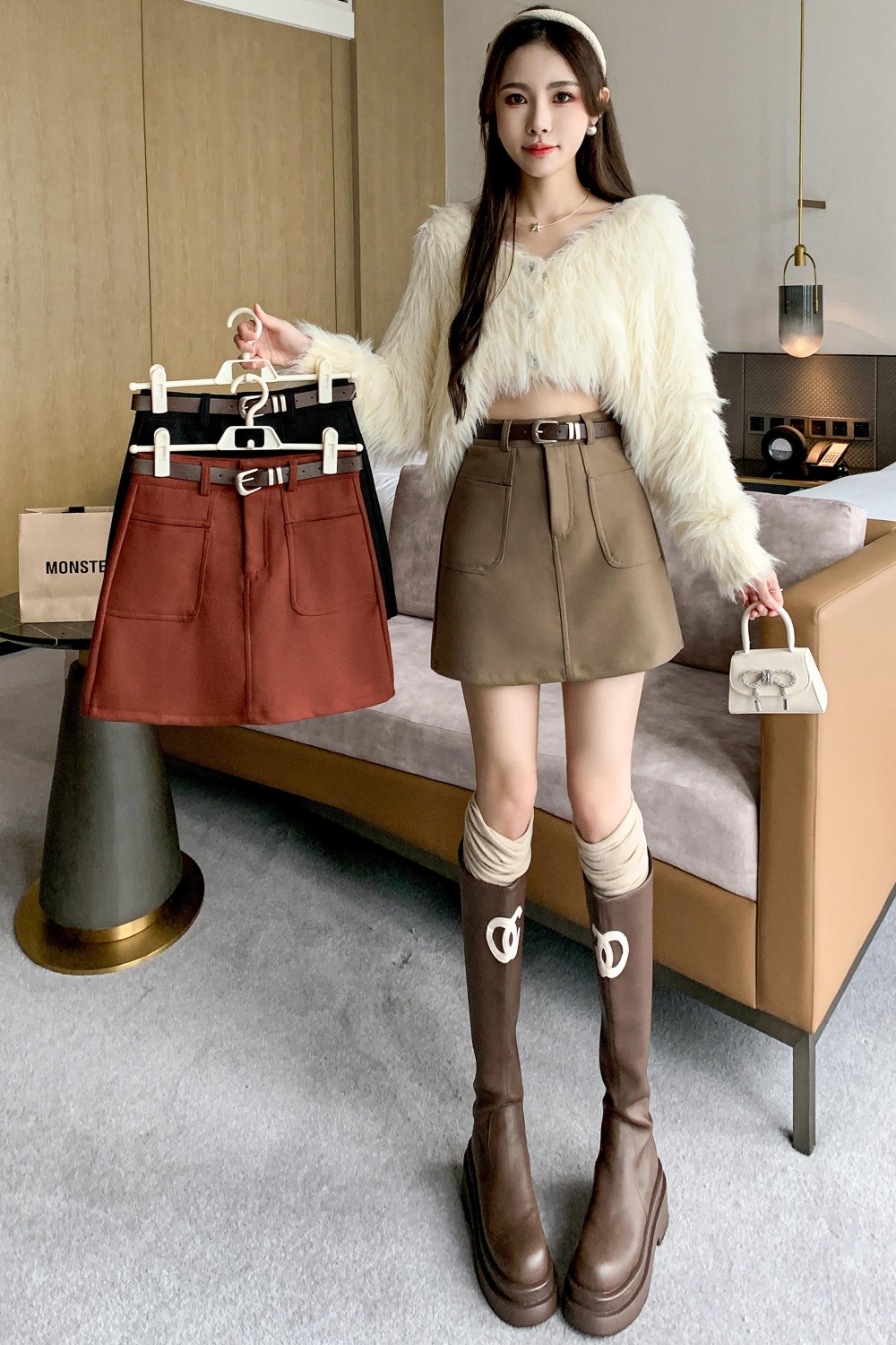 High waist package hip pocket skirt winter woolen short skirt
