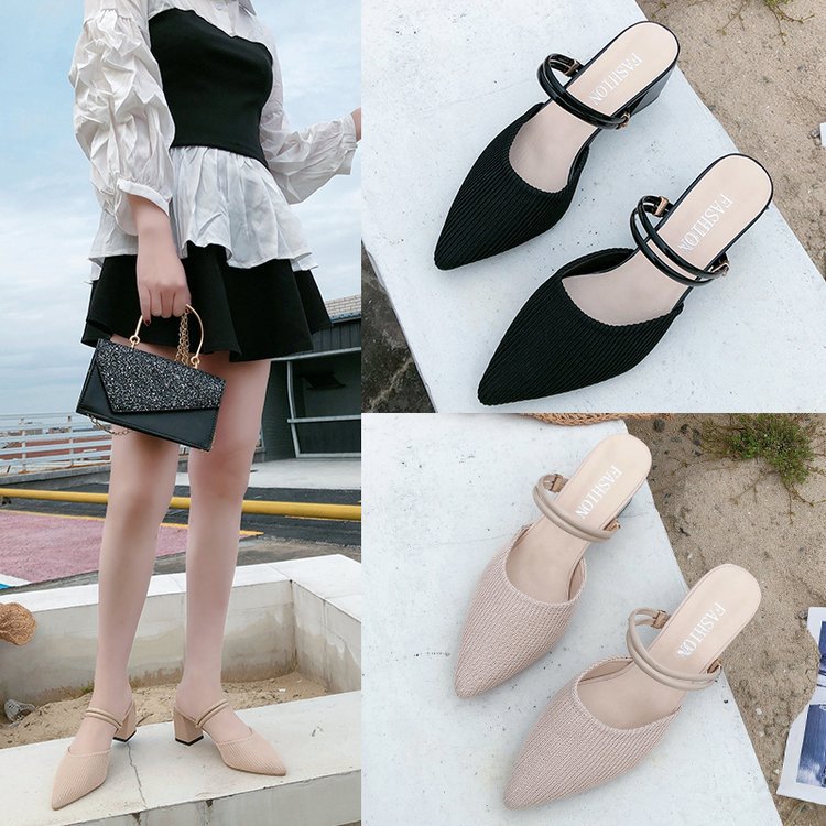 Black beige high-heeled slippers for women
