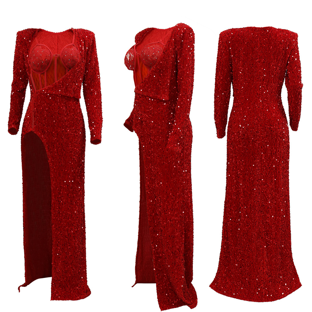 Split pure dress sequins leotard 2pcs set for women