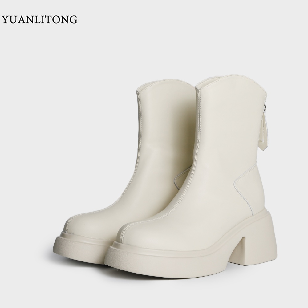 White slim martin boots retro thick crust boots for women