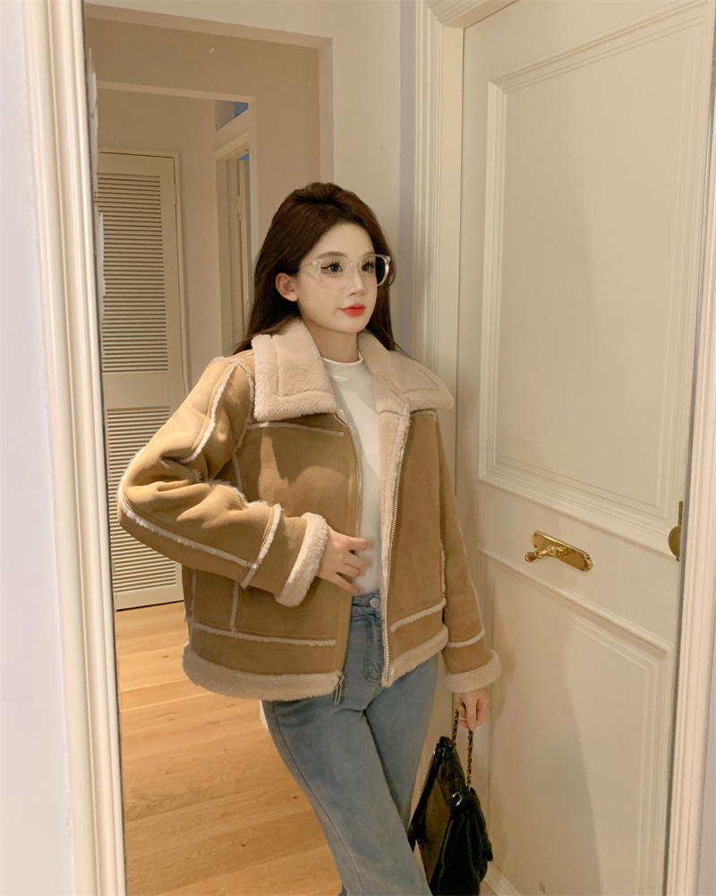 Lambs wool thick large yard leather cashmere coat for women