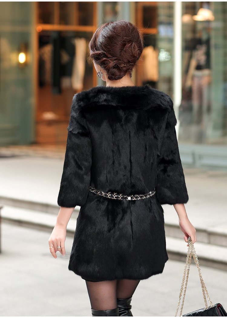Korean style long slim coat hairy rabbit fur overcoat
