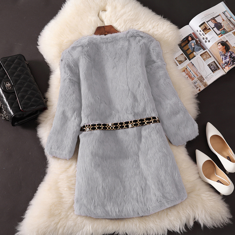 Korean style long slim coat hairy rabbit fur overcoat