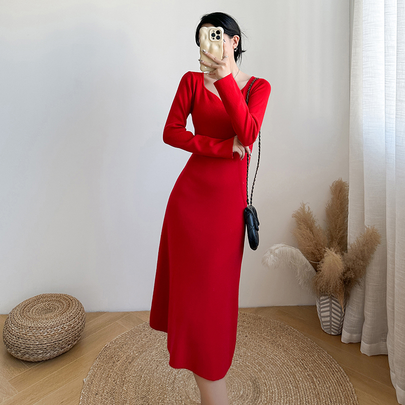 Knitted lady tops long sleeve dress for women