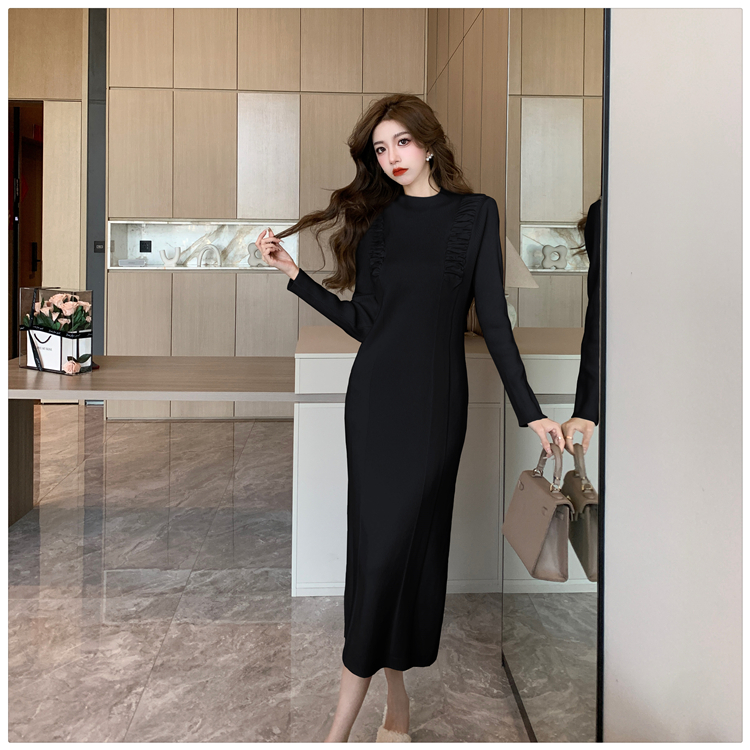 All-match knitted long dress slim sweater for women