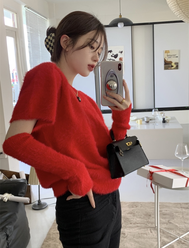 Korean style knitted christmas short sleeve tops for women