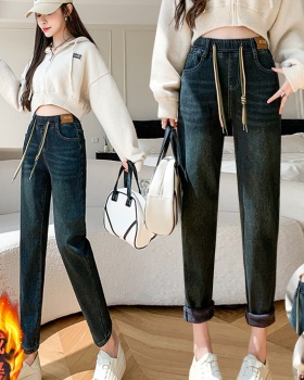 High waist plus velvet jeans slim retro pants for women
