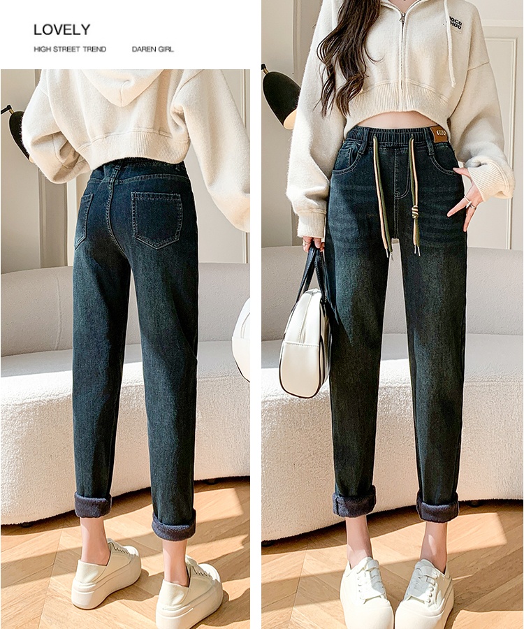 High waist plus velvet jeans slim retro pants for women