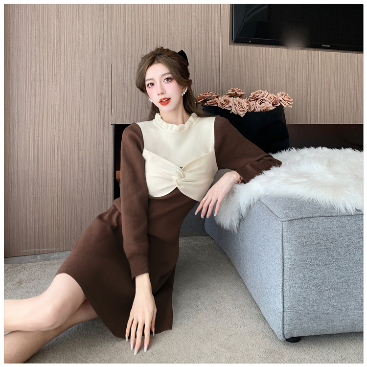 Pinched waist knitted autumn and winter bow dress