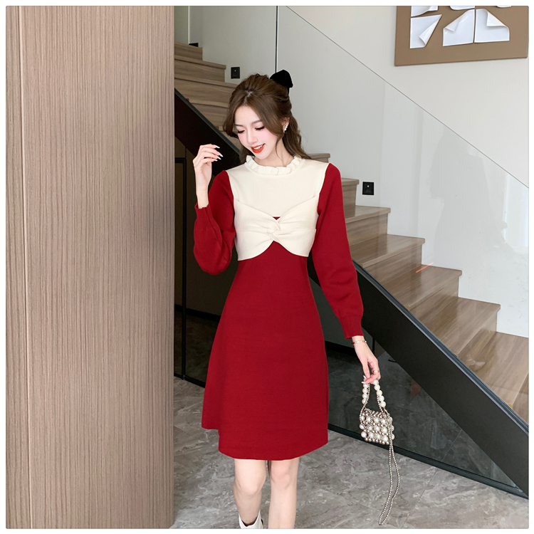 Pinched waist knitted autumn and winter bow dress