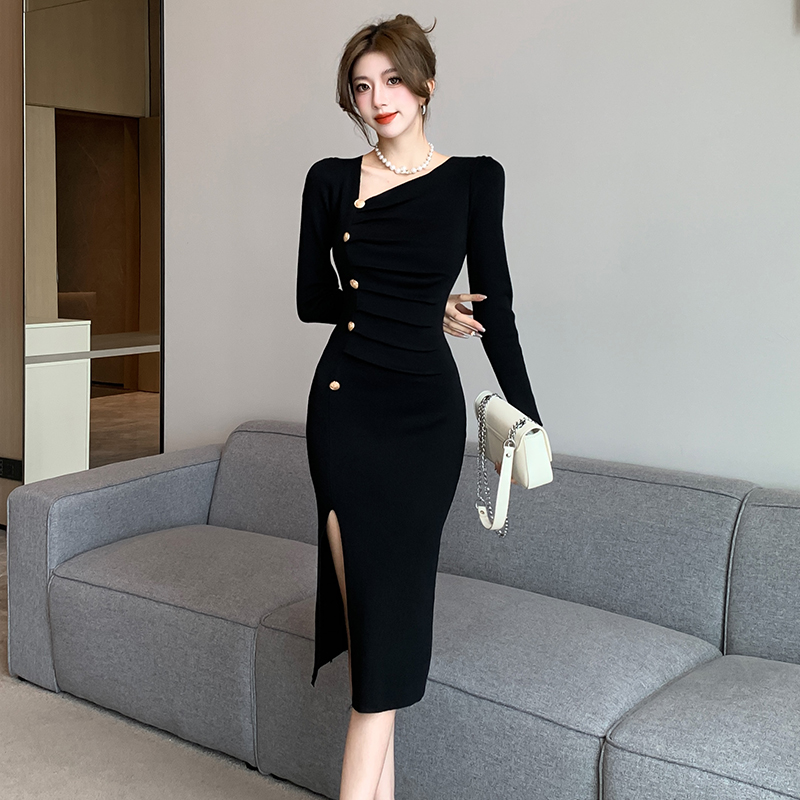 Metal buckles pinch pleated knitted dress for women