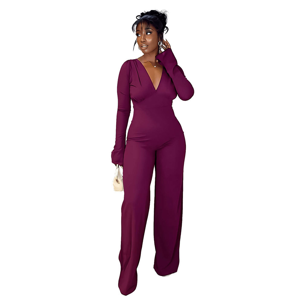 V-neck high waist slim sexy halter jumpsuit for women