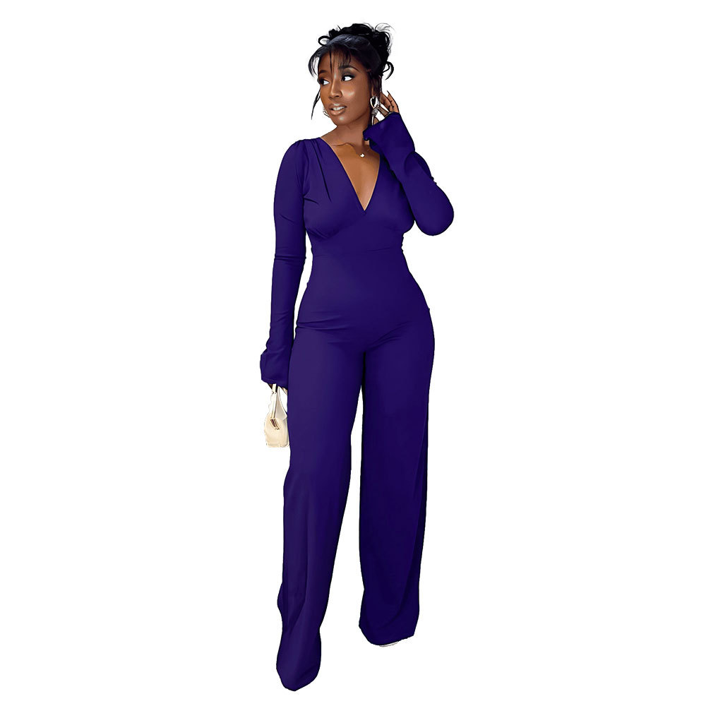 V-neck high waist slim sexy halter jumpsuit for women