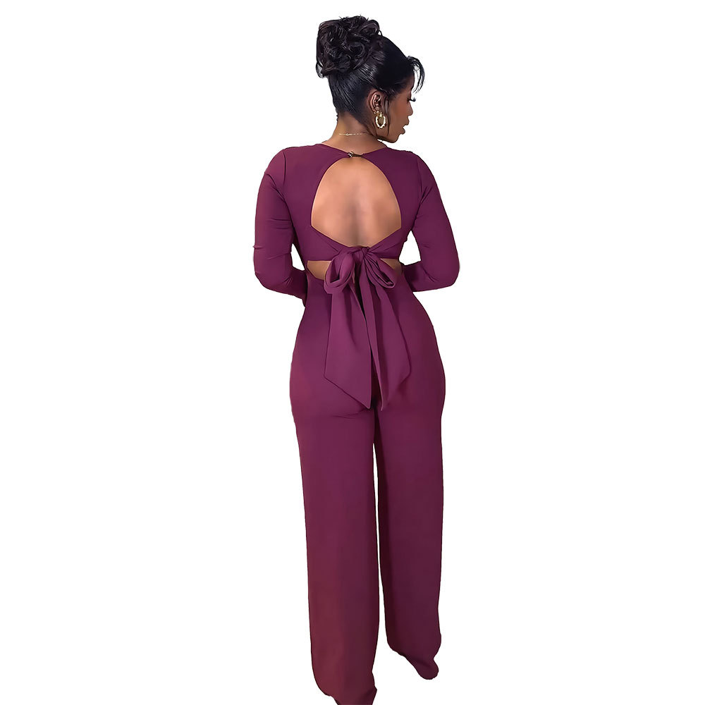 V-neck high waist slim sexy halter jumpsuit for women