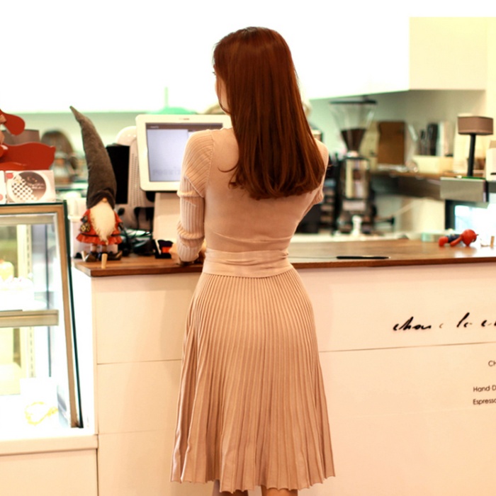 Korean style slim big skirt knitted pinched waist dress