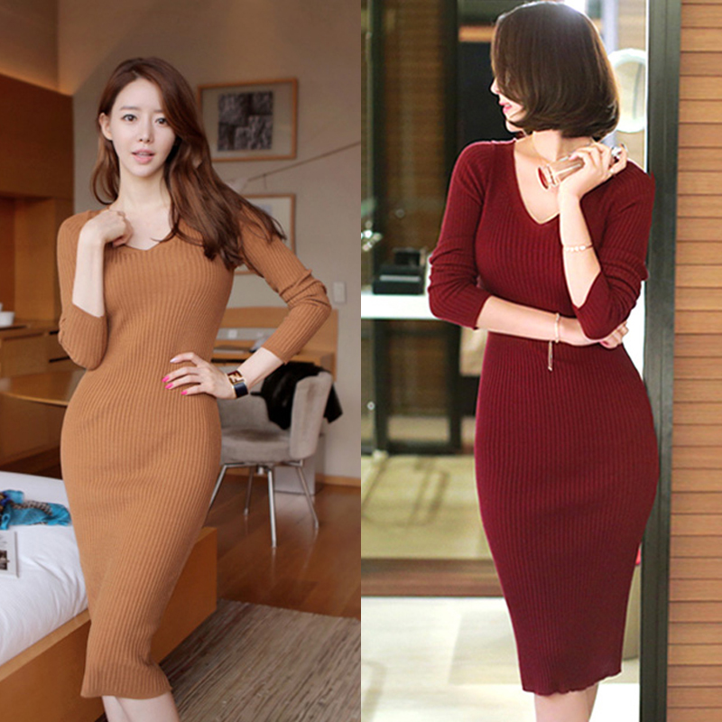 Rib long V-neck sweater long sleeve Korean style slim dress