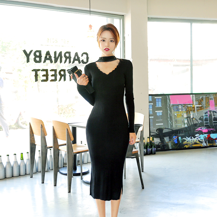 Slim long sleeve Korean style dress split long sweater