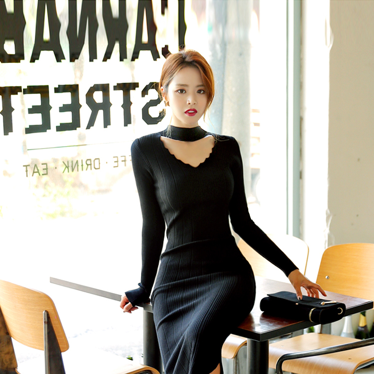 Slim long sleeve Korean style dress split long sweater