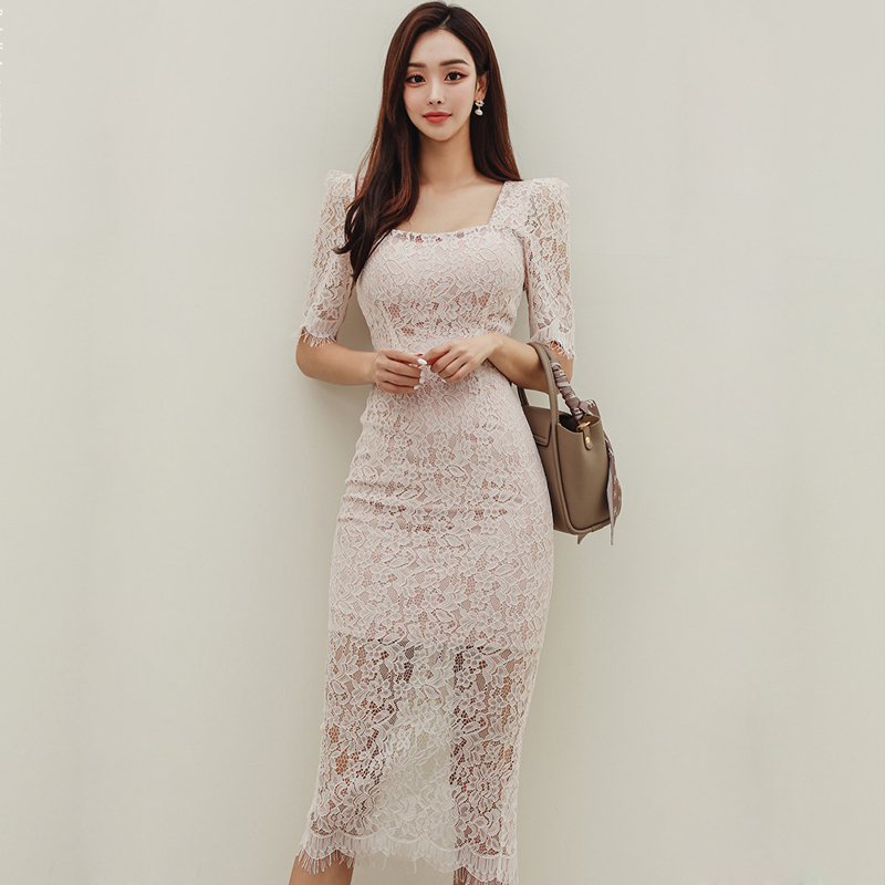 Slim autumn temperament package hip lace bottoming dress