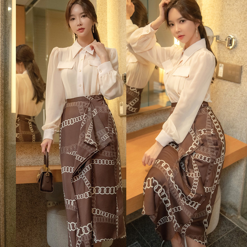 Printing skirt autumn tops 2pcs set for women