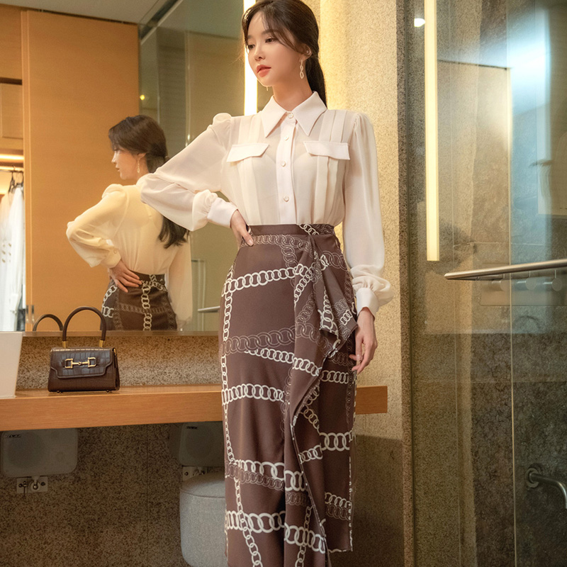Printing skirt autumn tops 2pcs set for women