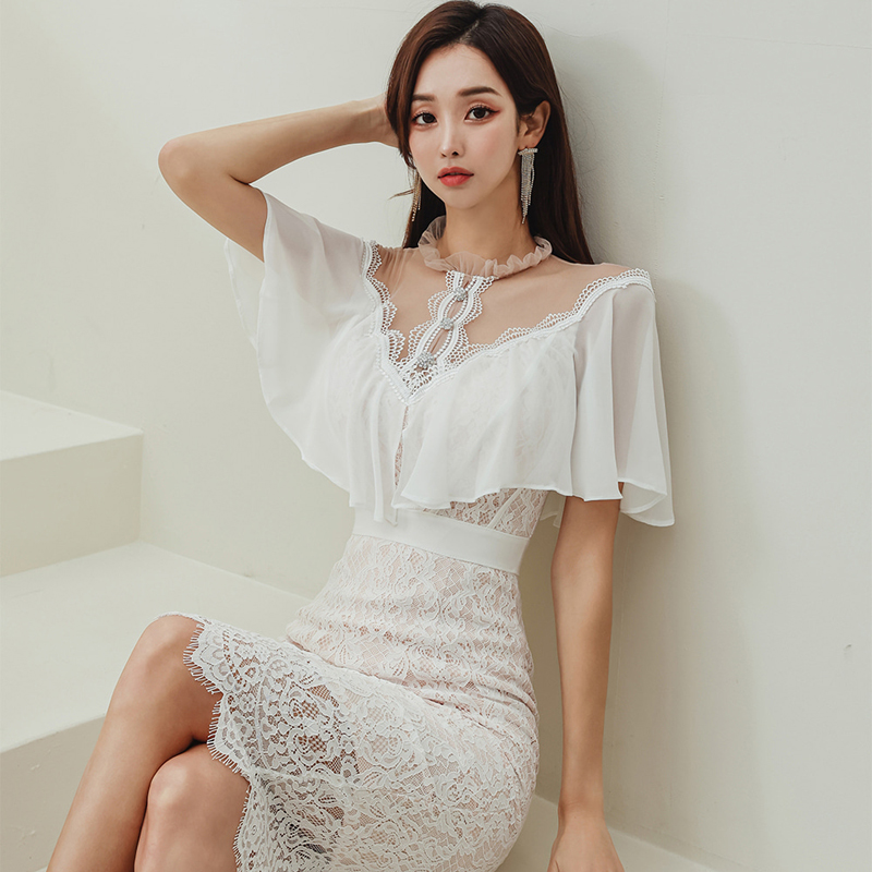 Slim splice autumn Korean style long lace dress