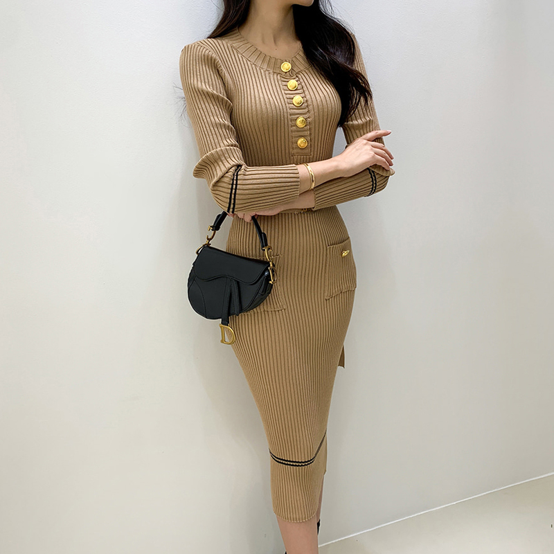 Mixed colors long sleeve T-back knitted dress for women
