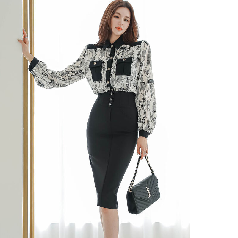 Long sleeve commuting skirt Korean style shirt 2pcs set