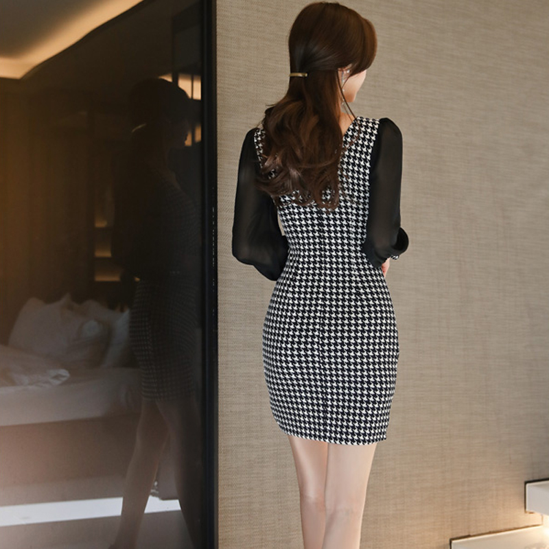 Temperament Korean style T-back houndstooth dress