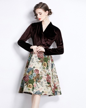 Jacquard lined France style splice big skirt long dress