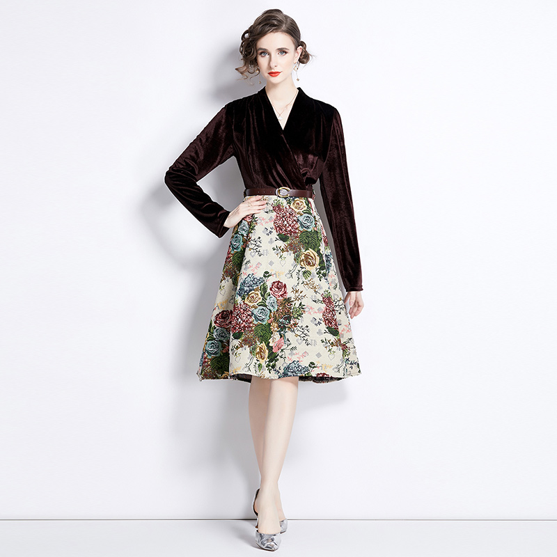 Jacquard lined France style splice big skirt long dress