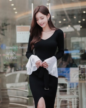 Slim split splice Korean style long long sleeve dress