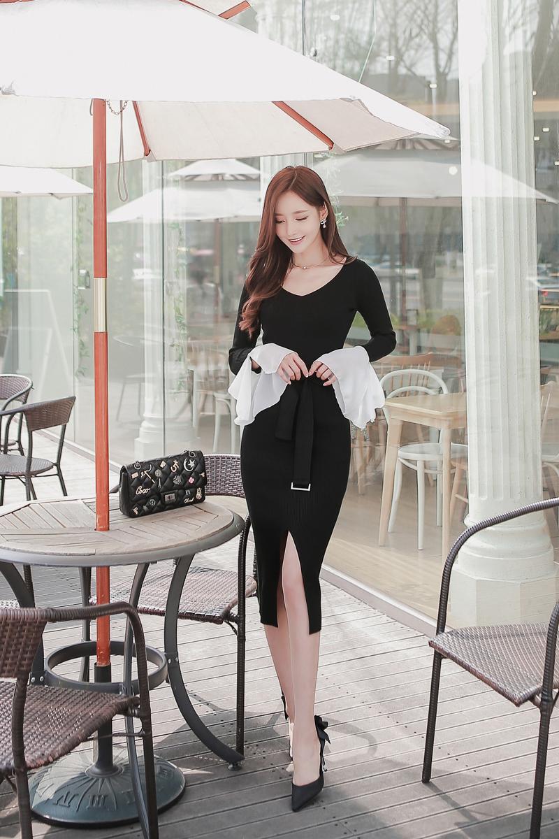 Slim split splice Korean style long long sleeve dress