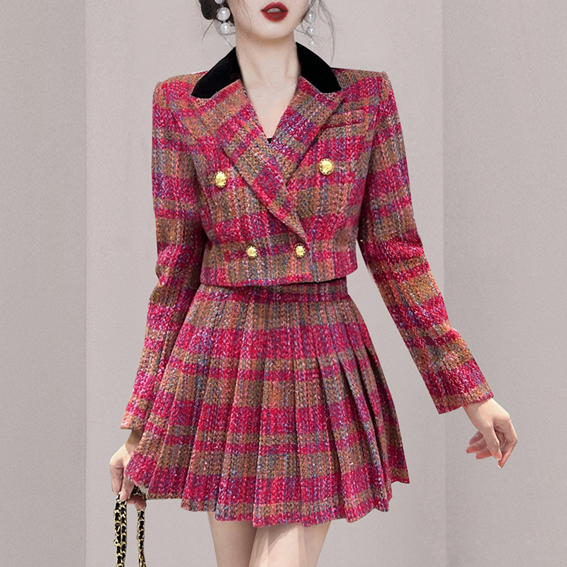Pleated woolen coat small fellow skirt 2pcs set for women