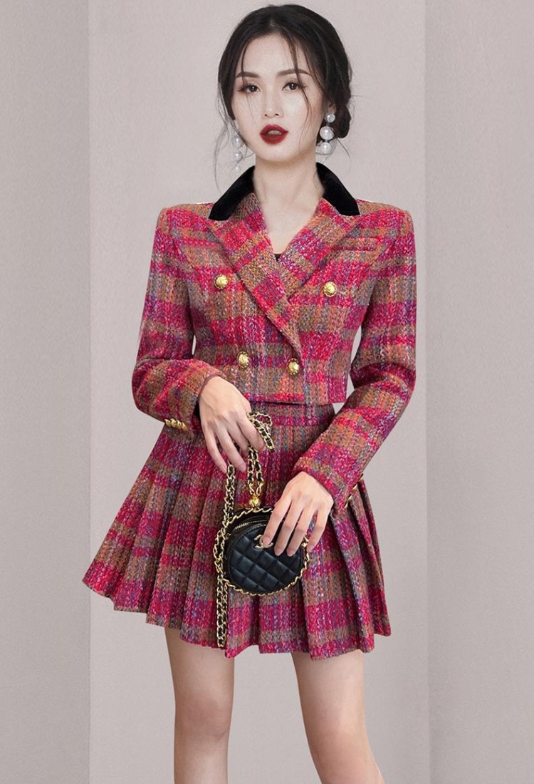 Pleated woolen coat small fellow skirt 2pcs set for women