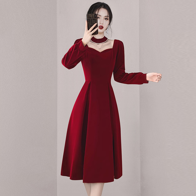 Elegant autumn and winter dress velvet red long dress