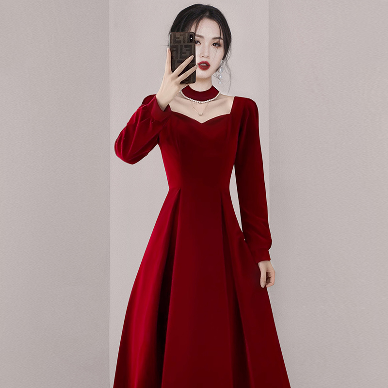 Elegant autumn and winter dress velvet red long dress