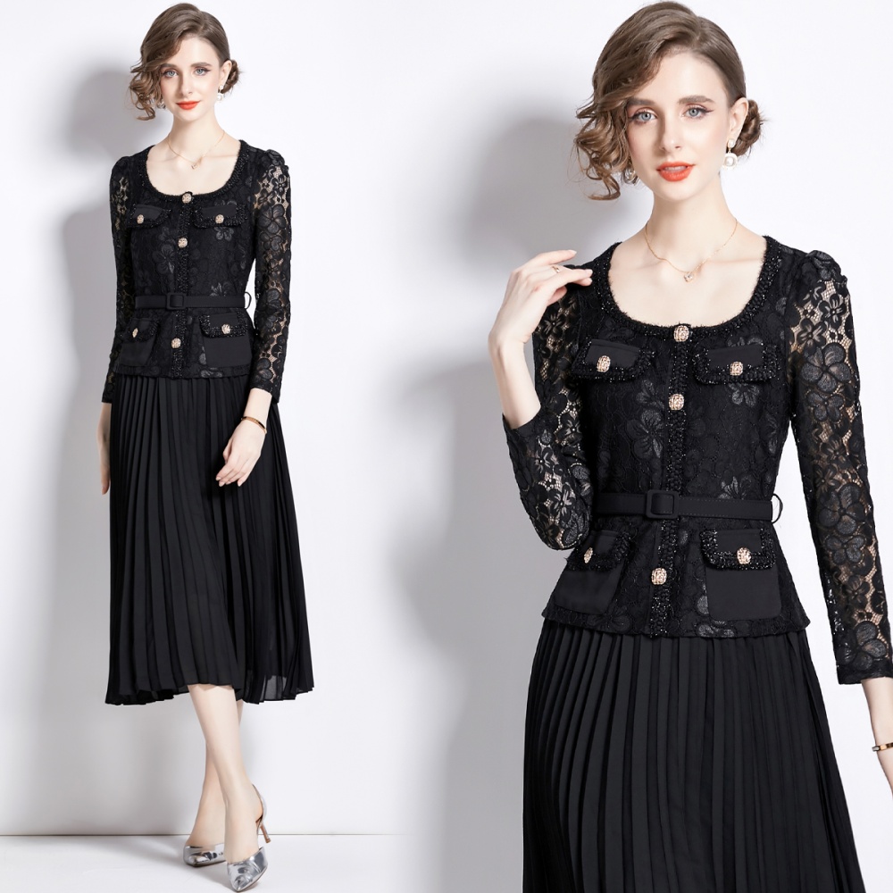 Long splice autumn lace slim pleated dress