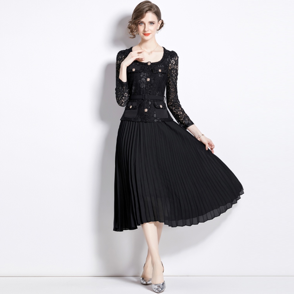 Long splice autumn lace slim pleated dress