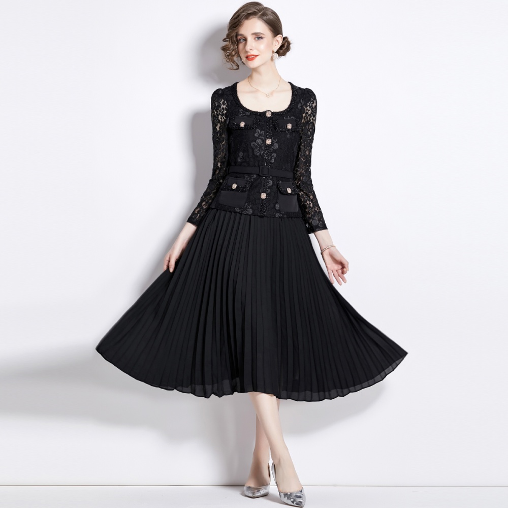 Long splice autumn lace slim pleated dress