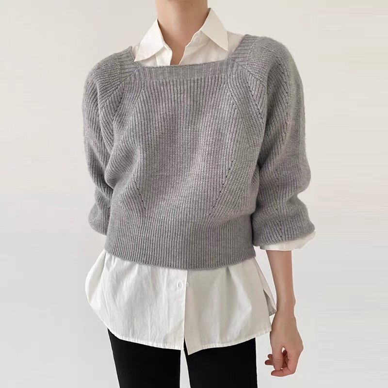 Square collar pullover clavicle sweater for women