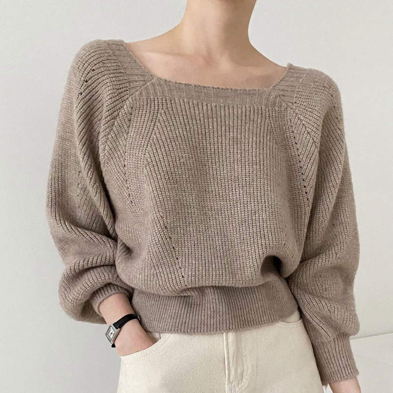 Square collar pullover clavicle sweater for women